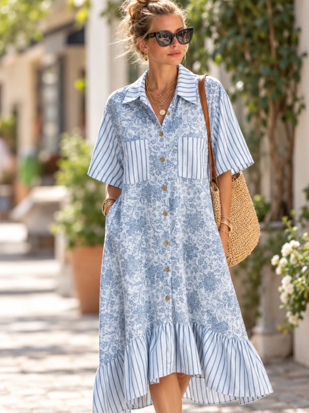 Linen Blend dress with ruffles at hem, striped details